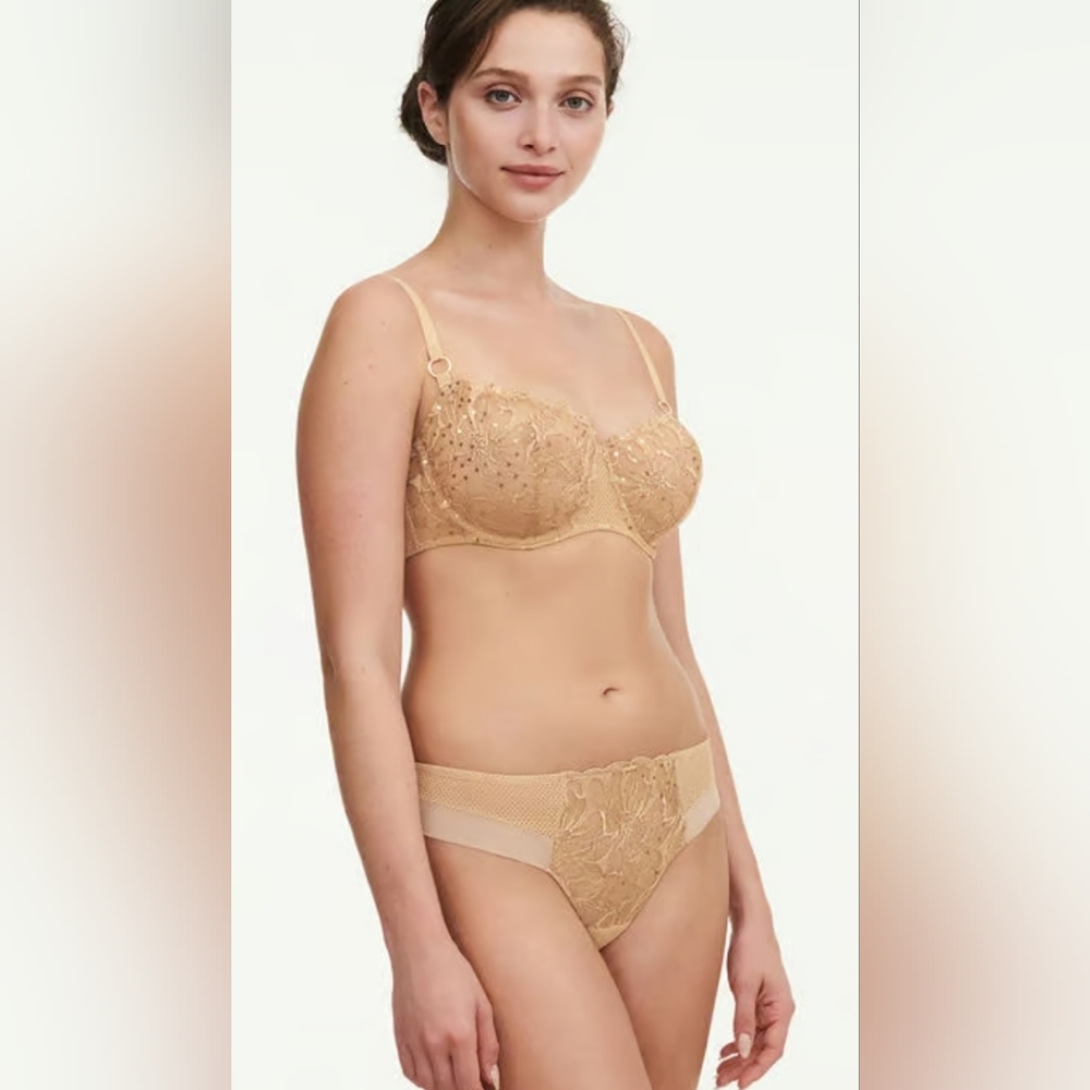 Size 34D - New CHANTELLE Fleurs Signature Demi Bra-Toffee Sequins - Picture 3 of 10